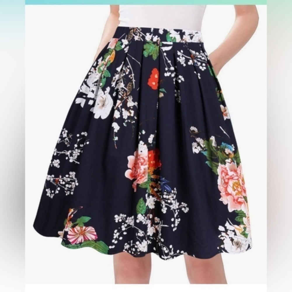 TAYDEY Knee-Length Orange‎ and White A-Line Skirt with Pleats